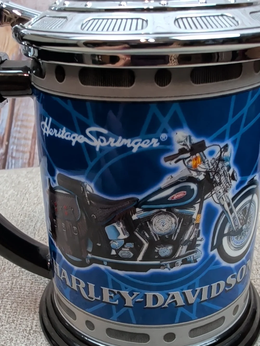 Harley-Davidson Blue Heritage Springer Ceramic Stein with Pewter Lid Like New
